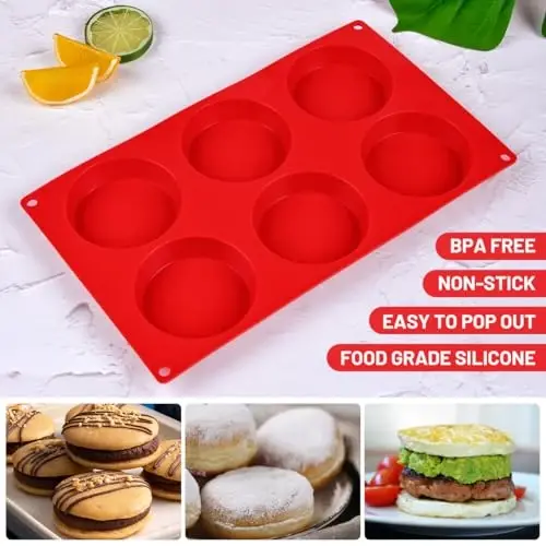 CAKETIME Muffin Top Pan, Silicone Molds for Breakfast Sandwiches, English Muffins, Whoopie Pies, Corn Bread, Egg Bites, Tarts - 2 Pack Red - 2