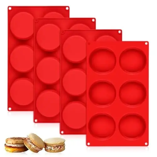 CAKETIME Silicone Egg Molds, 3 Inch Muffin Top Pan 4 Pack Nonstick for Baking English Muffin, Whoopie Pie, Corn Bread, Egg bite, Breakfast Sandwiches 