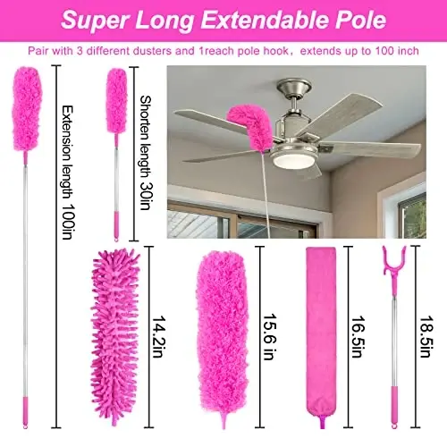Microfiber Dusters for Cleaning, Feather Dusters with Extension Pole, Bendable & Washable Dusters for High Ceiling Fan, Blinds, Cars, Furniture, Cleaning Tools Kit Pink Gift for Women (15 PCS) - 2