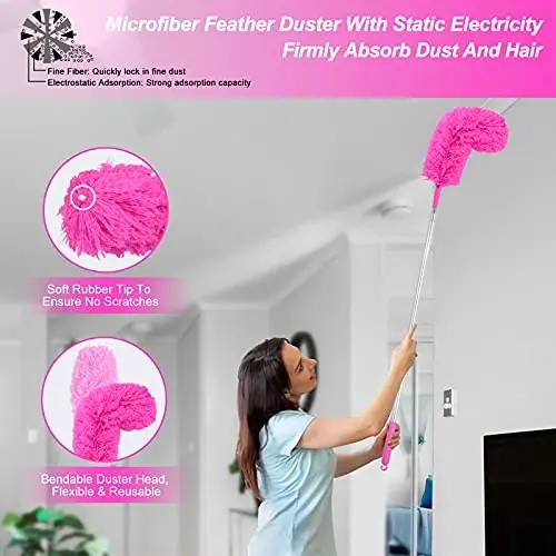 Microfiber Dusters for Cleaning, Feather Dusters with Extension Pole, Bendable & Washable Dusters for High Ceiling Fan, Blinds, Cars, Furniture, Cleaning Tools Kit Pink Gift for Women (15 PCS) - 3
