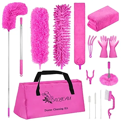 CALBEAU 15PCS Microfiber Feather Duster Set Bendable & Washable with 100-inch Extension Pole Dusters for Cleaning High Ceiling Fan, Blinds, Cars, Furniture, Cleaning Tools Kit for Women - 1