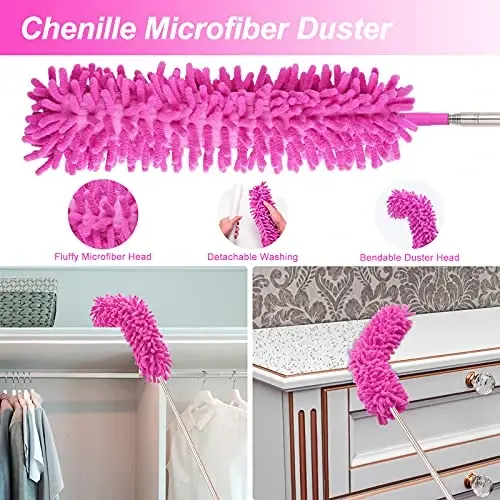 CALBEAU 15PCS Microfiber Feather Duster Set Bendable & Washable with 100-inch Extension Pole Dusters for Cleaning High Ceiling Fan, Blinds, Cars, Furniture, Cleaning Tools Kit for Women - 4