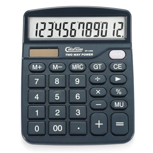 CALCUFUSION 12 Digits Desk Calculator with Large Display LCD and Sensitive Big Buttons Dual Power Solar Calculator with Battery Standard Functions Basic Calculators for Offices Home Schools CF-1453 - 6