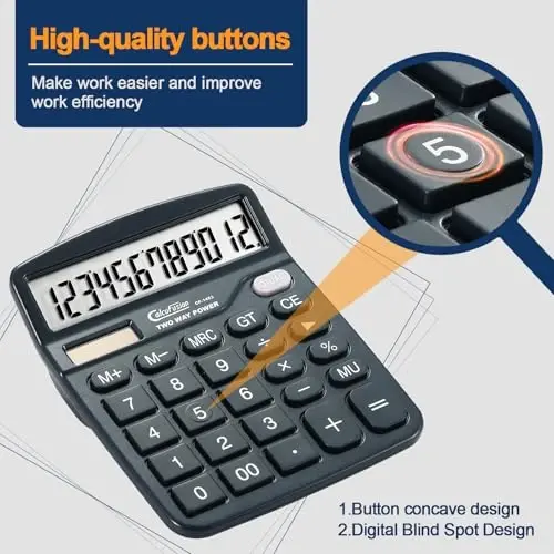 CALCUFUSION 12 Digits Desk Calculator with Large Display LCD and Sensitive Big Buttons Dual Power Solar Calculator with Battery Standard Functions Basic Calculators for Offices Home Schools CF-1453 - 2