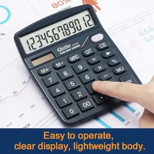 CALCUFUSION 12 Digits Desk Calculator with Large Display LCD and Sensitive Big Buttons Dual Power Solar Calculator with Battery Standard Functions Basic Calculators for Offices Home Schools CF-1453 