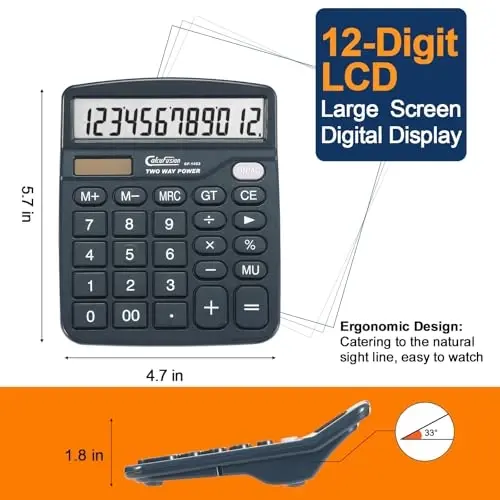 CALCUFUSION Calculator, 12 Digits Desk Calculators with Large Display LCD & Sensitive Big Buttons Dual Power Solar with Battery Standard Functions Basic Calculators for Offices Home Schools CF-1453 