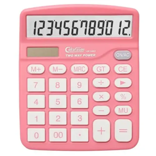CALCUFUSION Calculator, 12 Digits Pink Desktop Calculators Large Display LCD&Big Button Dual Solar and Battery Powered Standard Functions Basic Calculator for School Office CF-1453 