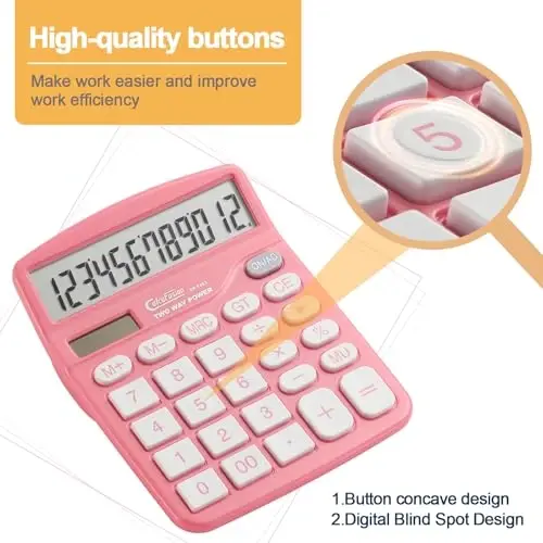 CALCUFUSION Calculator, 12 Digits Pink Desktop Calculators Large Display LCD&Big Button Dual Solar and Battery Powered Standard Functions Basic Calculator for School Office CF-1453 - 3