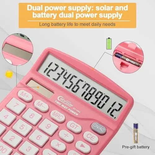 CALCUFUSION Calculator, 12 Digits Pink Desktop Calculators Large Display LCD&Big Button Dual Solar and Battery Powered Standard Functions Basic Calculator for School Office CF-1453 - 4