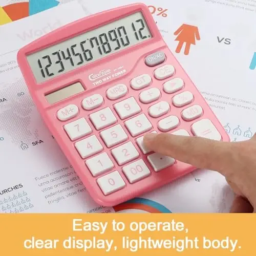 CALCUFUSION Calculator, 12 Digits Pink Desktop Calculators Large Display LCD&Big Button Dual Solar and Battery Powered Standard Functions Basic Calculator for School Office CF-1453 