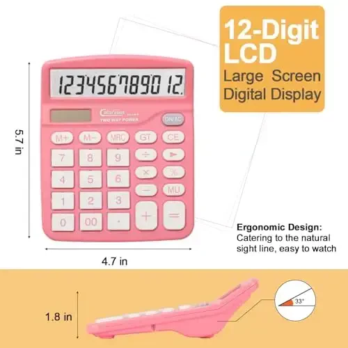 CALCUFUSION Calculator, 12 Digits Pink Desktop Calculators Large Display LCD&Big Button Dual Solar and Battery Powered Standard Functions Basic Calculator for School Office CF-1453 - CALCUFUSION (1)