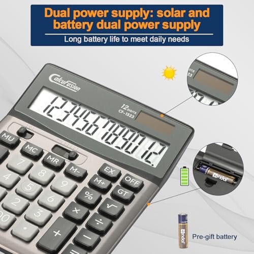 CALCUFUSION Stol ustidagi kalkulyator 12 xonali katta LCD displeyli Katta tugmali kalkulyator Oddiy kalkulyator Standart funksiyali Quyosh energiyali kalkulyator Batareyali stol ustidagi kalkulyatorlar Ofis Maktab Uy uchun CF-1523 - 3