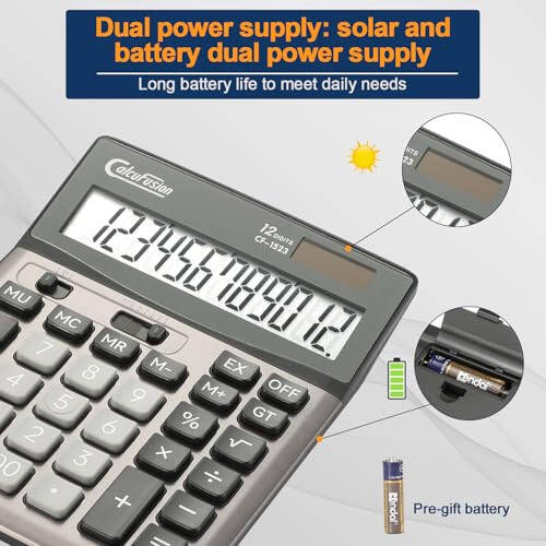 CALCUFUSION Stol ustidagi kalkulyator 12 xonali katta LCD displeyli Katta tugmali kalkulyator Oddiy kalkulyator Standart funksiyali Quyosh energiyali kalkulyator Batareyali stol ustidagi kalkulyatorlar Ofis Maktab Uy uchun CF-1523 - 3