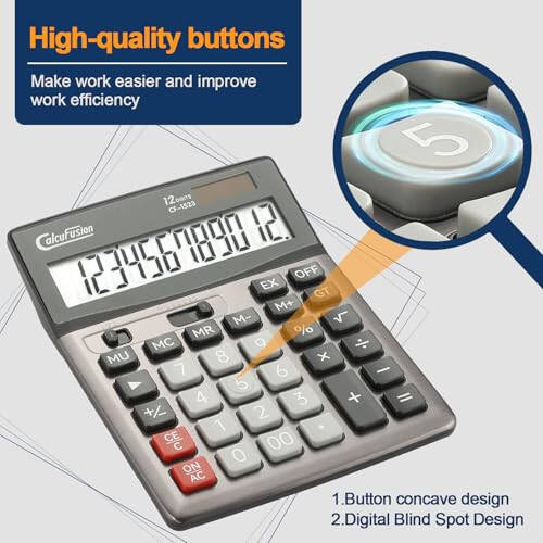 CALCUFUSION Stol ustidagi kalkulyator 12 xonali katta LCD displeyli Katta tugmali kalkulyator Oddiy kalkulyator Standart funksiyali Quyosh energiyali kalkulyator Batareyali stol ustidagi kalkulyatorlar Ofis Maktab Uy uchun CF-1523 - 3