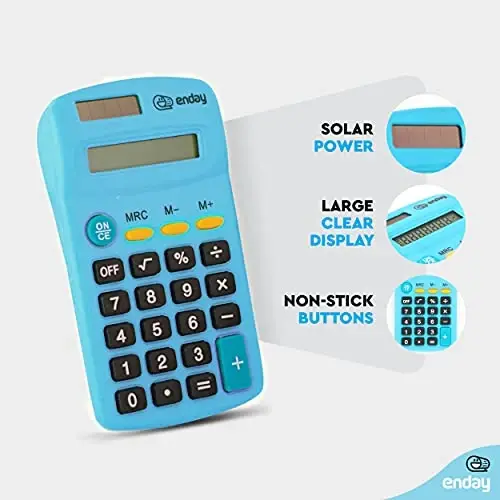 Calculator Blue, Basic Small Solar and Battery Operated, Large Display Four Function, Auto Powered Handheld Calculator School and Kids Available in Green, Red, Purple, Grey, Pink, 1 PK – by Enday - 2