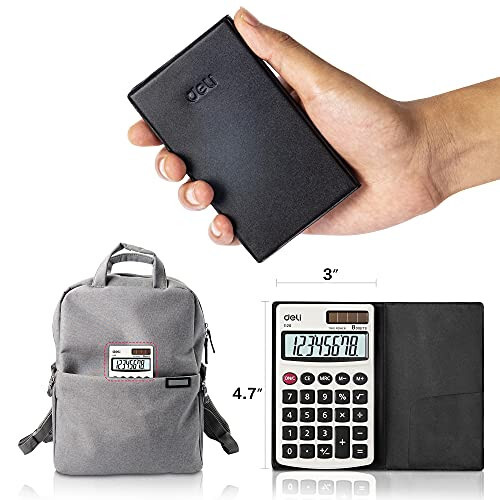 Calculator, Deli Standard Function Basic Calculators, Solar Battery Dual Power Office Calculator with Cover, Metal Panel - 7