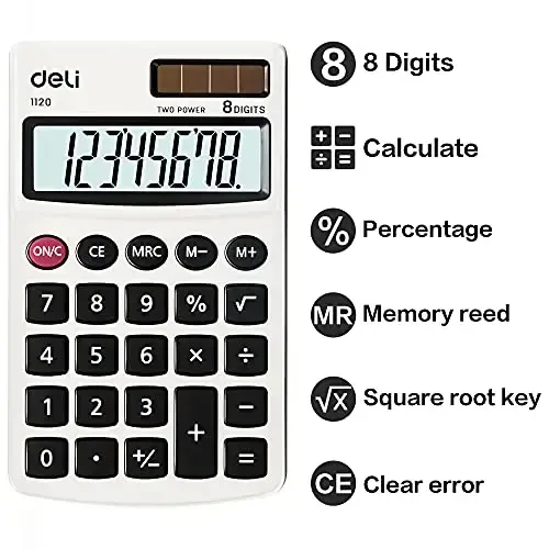 Calculator, Deli Standard Function Basic Calculators, Solar Battery Dual Power Office Calculator with Cover, Metal Panel, 2 Pack - 3