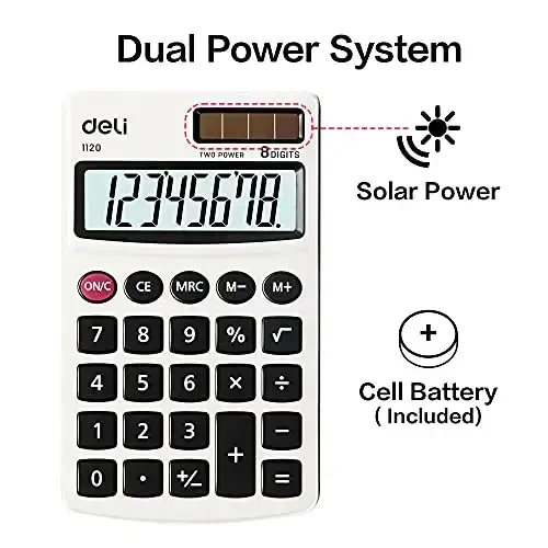 Calculator, Deli Standard Function Basic Calculators, Solar Battery Dual Power Office Calculator with Cover, Metal Panel, 2 Pack - 6