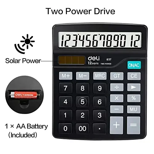 Calculator, Deli Standard Function Desktop Calculators with 12 Digit Large LCD Display and Sensitive Button, Solar Battery Dual Power Office Calculator, Black - 4