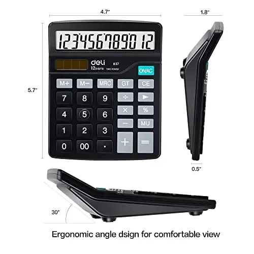 Calculator, Deli Standard Function Desktop Calculators with 12 Digit Large LCD Display and Sensitive Button, Solar Battery Dual Power Office Calculator, Black - 2