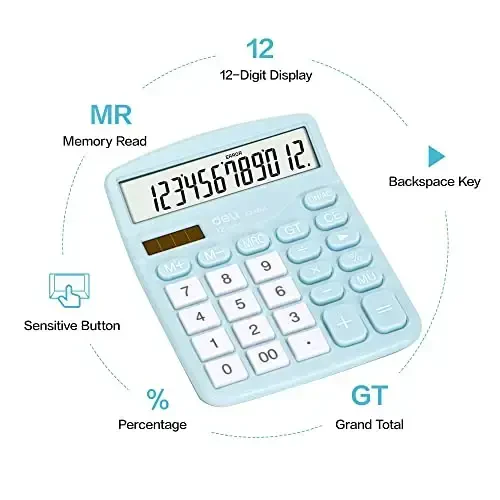 Calculator, Deli Standard Function Desktop Calculators with 12 Digit Large LCD Display and Sensitive Button, Solar Battery Dual Power Office Calculator, Blue - 6