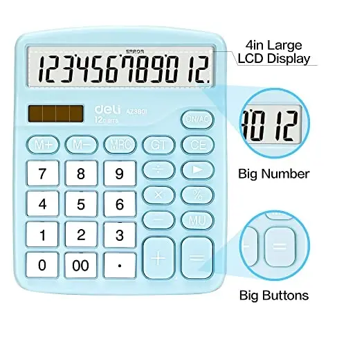 Calculator, Deli Standard Function Desktop Calculators with 12 Digit Large LCD Display and Sensitive Button, Solar Battery Dual Power Office Calculator, Blue - 3