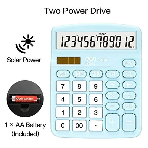 Calculator, Deli Standard Function Desktop Calculators with 12 Digit Large LCD Display and Sensitive Button, Solar Battery Dual Power Office Calculator, Blue - 4