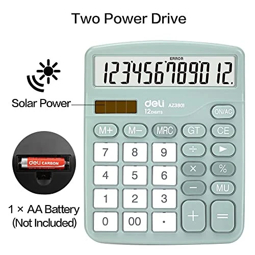 Calculator, Deli Standard Function Desktop Calculators with 12 Digit Large LCD Display and Sensitive Button, Solar Battery Dual Power Office Calculator, Green - 4