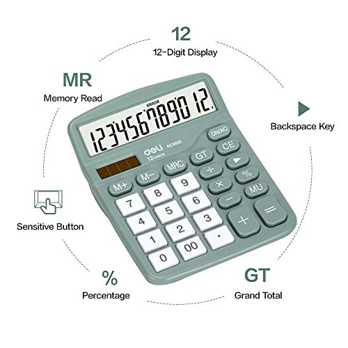 Calculator, Deli Standard Function Desktop Calculators with 12 Digit Large LCD Display and Sensitive Button, Solar Battery Dual Power Office Calculator, Green - 6