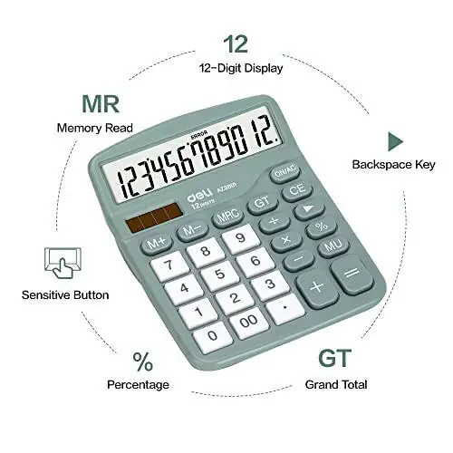 Calculator, Deli Standard Function Desktop Calculators with 12 Digit Large LCD Display and Sensitive Button, Solar Battery Dual Power Office Calculator, Green - 6