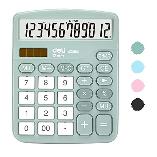 Calculator, Deli Standard Function Desktop Calculators with 12 Digit Large LCD Display and Sensitive Button, Solar Battery Dual Power Office Calculator, Green - 1