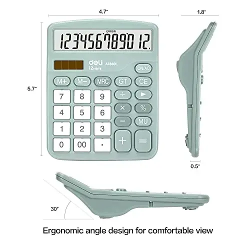 Calculator, Deli Standard Function Desktop Calculators with 12 Digit Large LCD Display and Sensitive Button, Solar Battery Dual Power Office Calculator, Green - 2