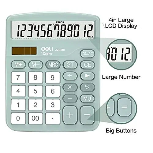 Calculator, Deli Standard Function Desktop Calculators with 12 Digit Large LCD Display and Sensitive Button, Solar Battery Dual Power Office Calculator, Green - 3