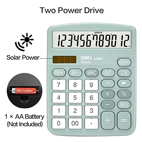Calculator, Deli Standard Function Desktop Calculators with 12 Digit Large LCD Display and Sensitive Button, Solar Battery Dual Power Office Calculator, Green - 4