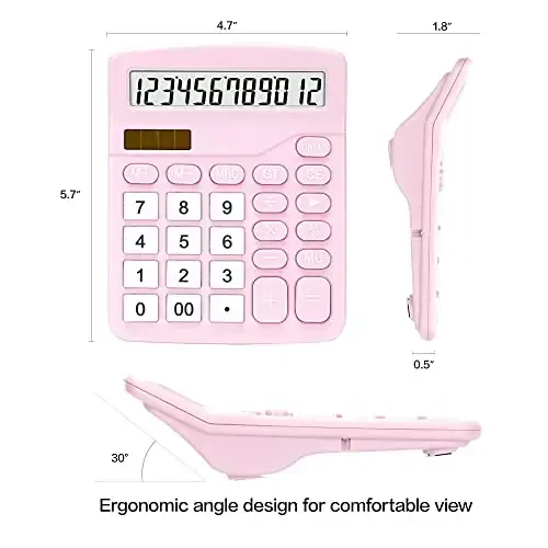 Calculator, Deli Standard Function Desktop Calculators with 12 Digit Large LCD Display and Sensitive Button, Solar Battery Dual Power Office Calculator, Pink - DELI (1)