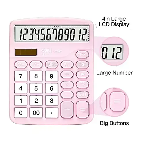 Calculator, Deli Standard Function Desktop Calculators with 12 Digit Large LCD Display and Sensitive Button, Solar Battery Dual Power Office Calculator, Pink - 3