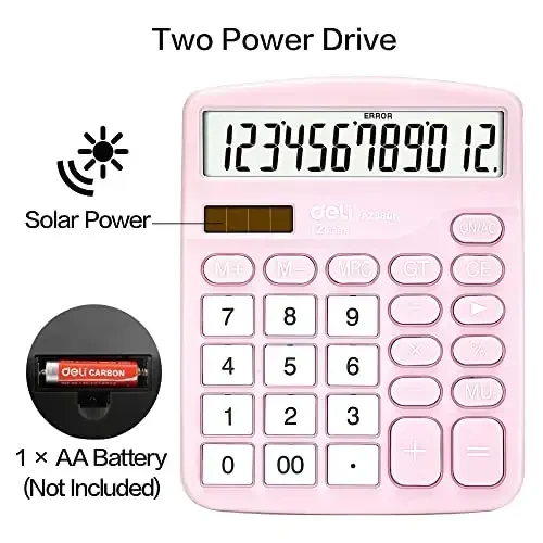 Calculator, Deli Standard Function Desktop Calculators with 12 Digit Large LCD Display and Sensitive Button, Solar Battery Dual Power Office Calculator, Pink - 4