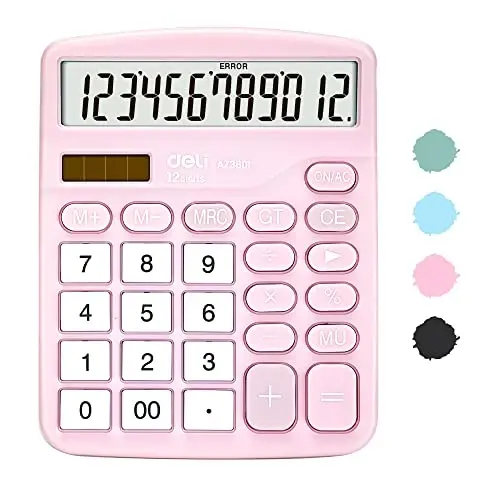 Calculator, Deli Standard Function Desktop Calculators with 12 Digit Large LCD Display and Sensitive Button, Solar Battery Dual Power Office Calculator, Pink - 1