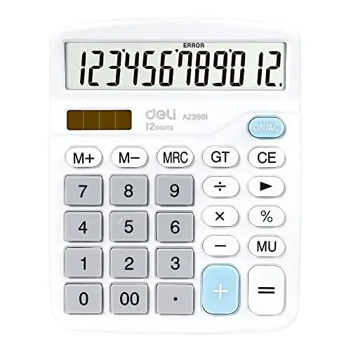 Calculator, Deli Standard Function Desktop Calculators with 12 Digit Large LCD Display and Sensitive Button, Solar Battery Dual Power Office Calculator, White 