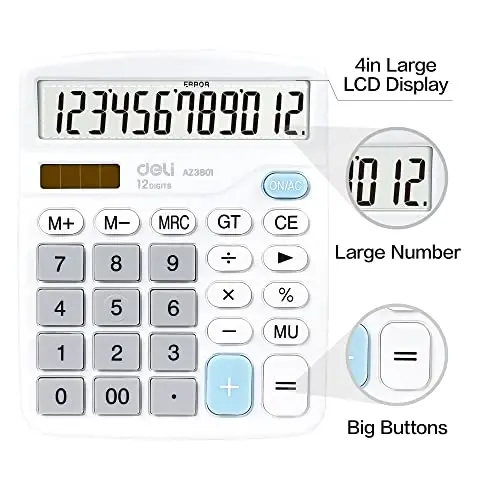 Calculator, Deli Standard Function Desktop Calculators with 12 Digit Large LCD Display and Sensitive Button, Solar Battery Dual Power Office Calculator, White - 3