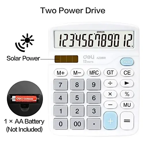 Calculator, Deli Standard Function Desktop Calculators with 12 Digit Large LCD Display and Sensitive Button, Solar Battery Dual Power Office Calculator, White - 4