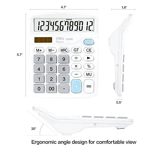 Calculator, Deli Standard Function Desktop Calculators with 12 Digit Large LCD Display and Sensitive Button, Solar Battery Dual Power Office Calculator, White - 2
