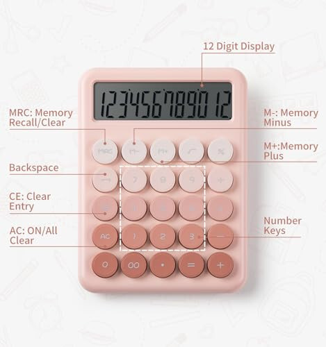 Calculator, Desk Calculators, Cute Pink Calculator, 12 Digit with Large LCD Display, Basic Standard Calculator, Big Button, Aesthetic Calculator, Mechanical Calculator for Office School - 4