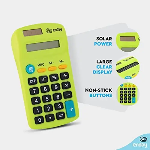 Calculator Green, Basic Small Solar and Battery Operated, Large Display Four Function, Auto Powered Handheld Calculator School and Kids Available in Blue, Red, Purple, Grey, Pink, 24 PK – by Enday - ENDAY (1)