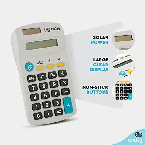 Calculator Grey, Basic Small Solar and Battery Operated, Large Display Four Function, Auto Powered Handheld Calculator School and Kids Available in Green, Red, Purple, Blue, Pink, 1 PK – by Enday - ENDAY (1)