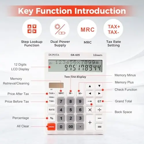 Calculator Handheld Large Display Big Buttons with 12 Digits 2-line LCD, Dual Solar Power and Battery, Calculator with Tax and Check Function for Office, Home, School and Business （OA-635） - 4