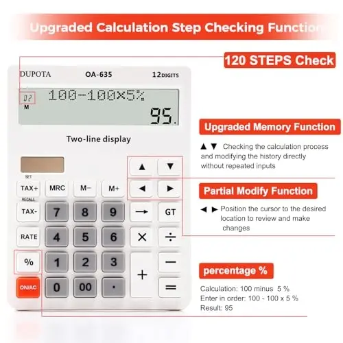 Calculator Handheld Large Display Big Buttons with 12 Digits 2-line LCD, Dual Solar Power and Battery, Calculator with Tax and Check Function for Office, Home, School and Business （OA-635） - 5