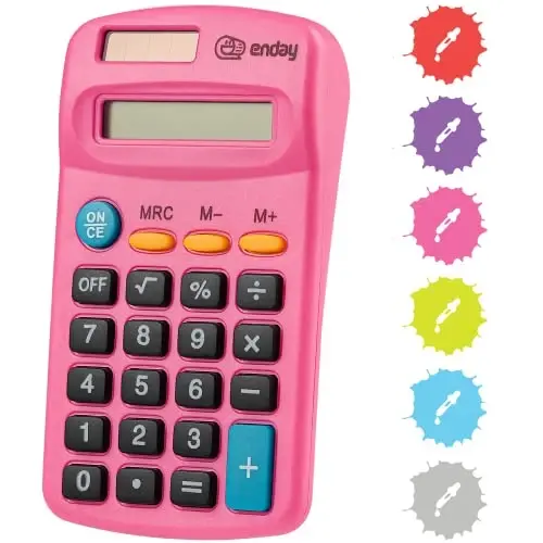 Calculator Pink, Basic Small Solar and Battery Operated, Large Display Four Function, Auto Powered Handheld Calculator School and Kids Available in Green, Red, Purple, Grey, Blue, 1 PK – by Enday 