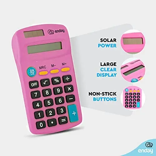 Calculator Pink, Basic Small Solar and Battery Operated, Large Display Four Function, Auto Powered Handheld Calculator School and Kids Available in Green, Red, Purple, Grey, Blue, 1 PK – by Enday - 2