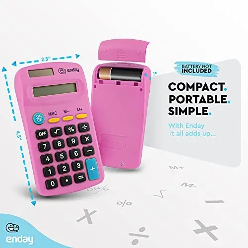 Calculator Pink, Basic Small Solar and Battery Operated, Large Display Four Function, Auto Powered Handheld Calculator School and Kids Available in Green, Red, Purple, Grey, Blue, 1 PK – by Enday - 4